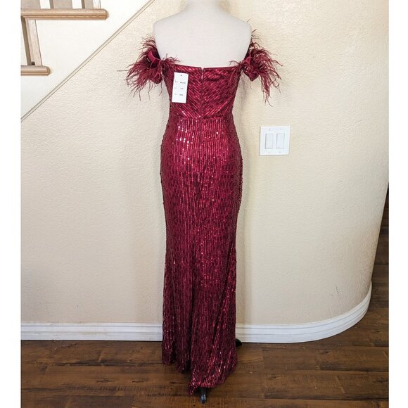 Burgundy Red Off the Shoulder Sequin & Feather Formal Prom Evening Dress - Picture 4 of 6